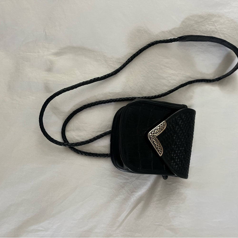 Brighton Black Mini Crossbody Woven Leather Bag with Silver Accents